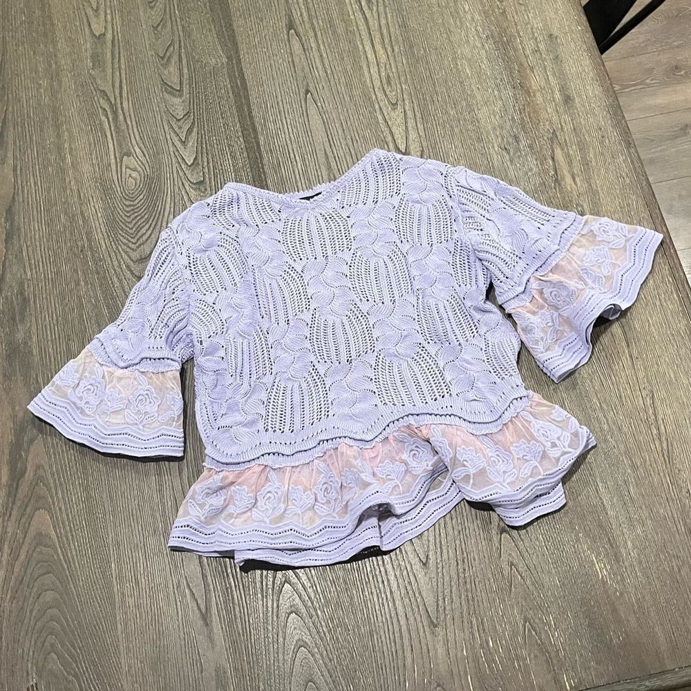 Lipslide Sweater Crop Top Floral Crochet Mesh Ruffled Short Sleeve Purple Small